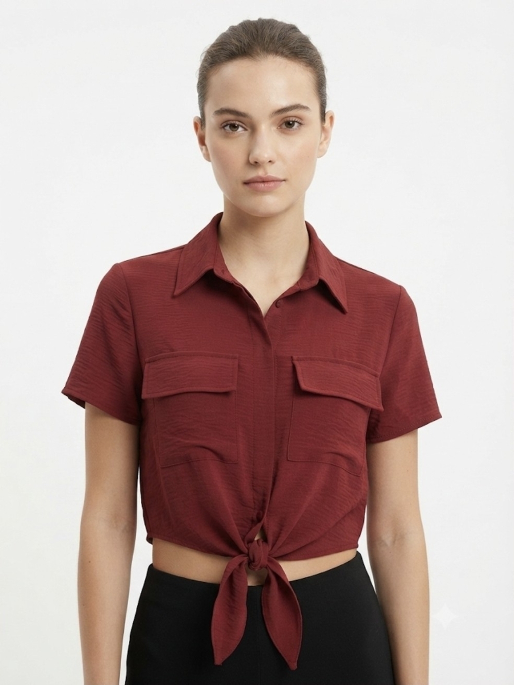 Tie-Front Crop Shirt - Burgundy Women’s Top Say Anything Size Medium